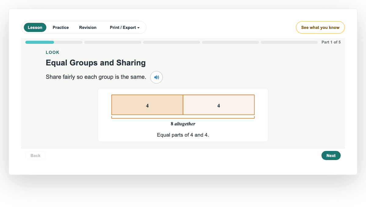 A Year 1 lesson: Equal Groups and Sharing, a real page from PiGrids