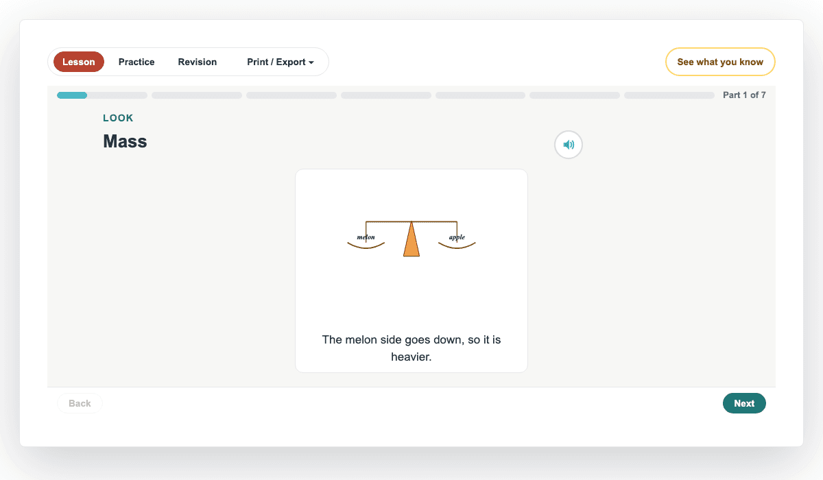 A Year 2 lesson: Mass, a real page from PiGrids