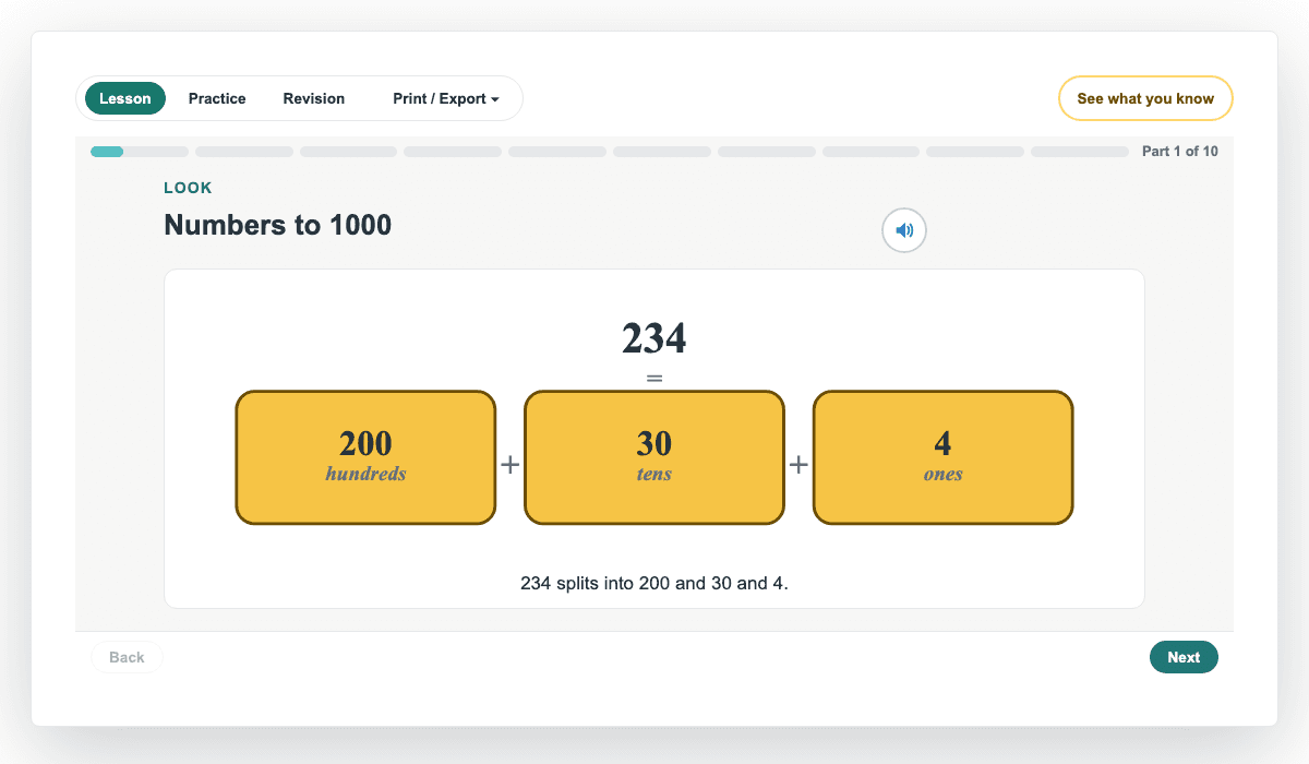 A Year 3 lesson: Numbers to 1000, a real page from PiGrids