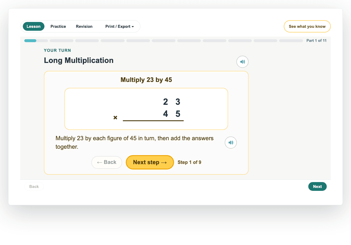 A Year 5 lesson: Long Multiplication, a real page from PiGrids