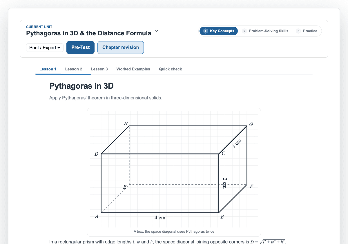 A Year 9 lesson: Pythagoras in 3D, a real page from PiGrids