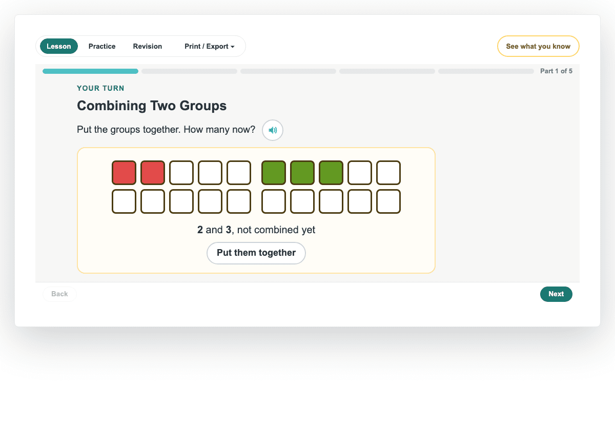 A Kindergarten lesson: Combining Two Groups, a real page from PiGrids